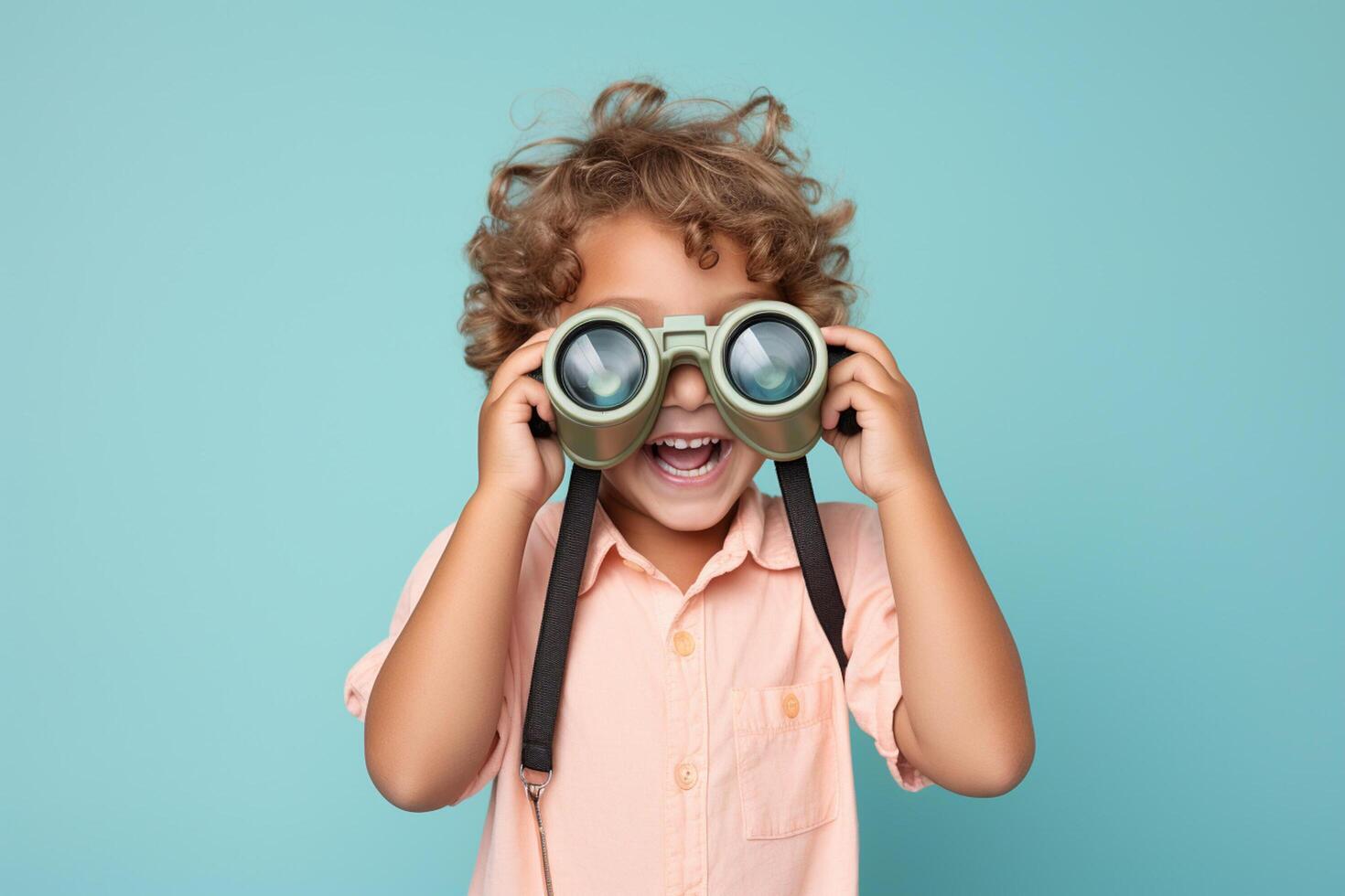 ai generado un joven chico niño mirando mediante prismáticos con generativo ai foto