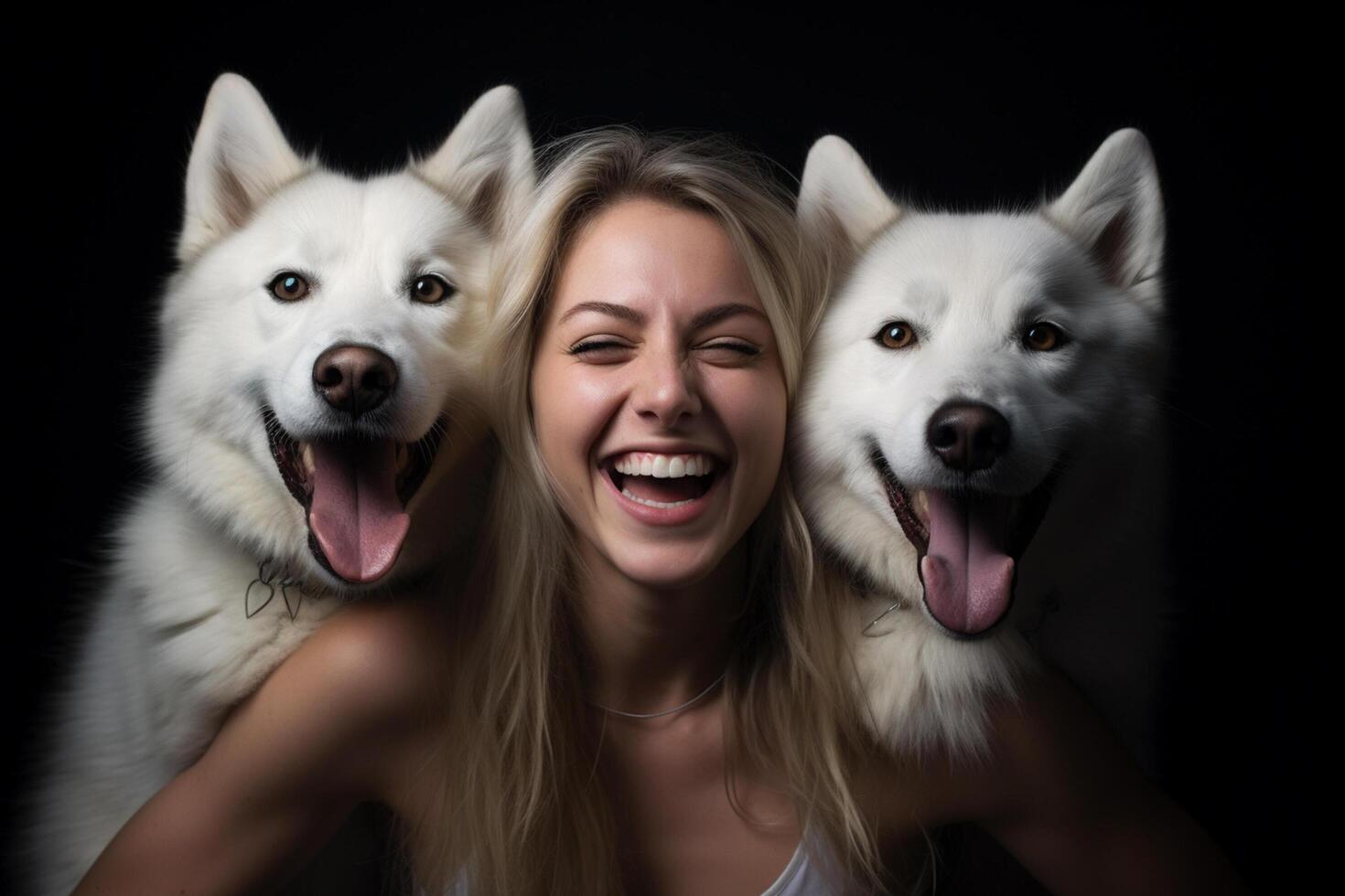 AI generated young woman laughing with two huskies dogs with generative ai photo