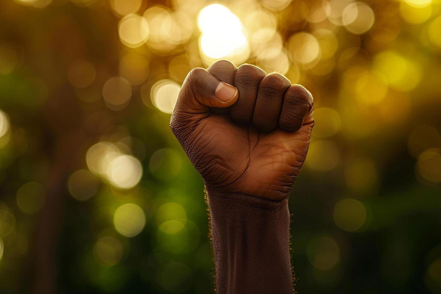 AI generated black skin hand raised fist bokeh style background with generative ai photo