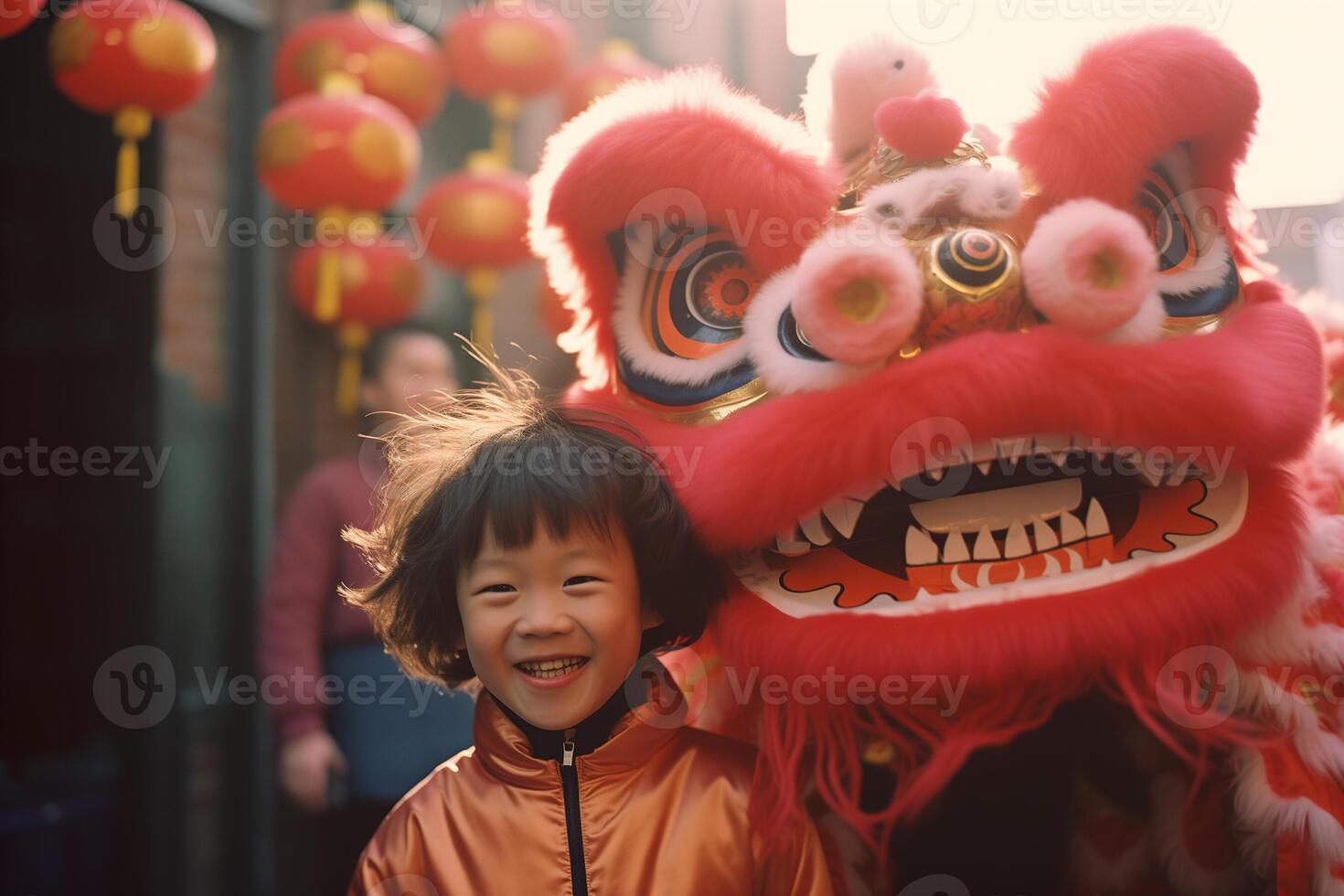 AI generated chinese dragon dance with young girl kid with generative ai photo