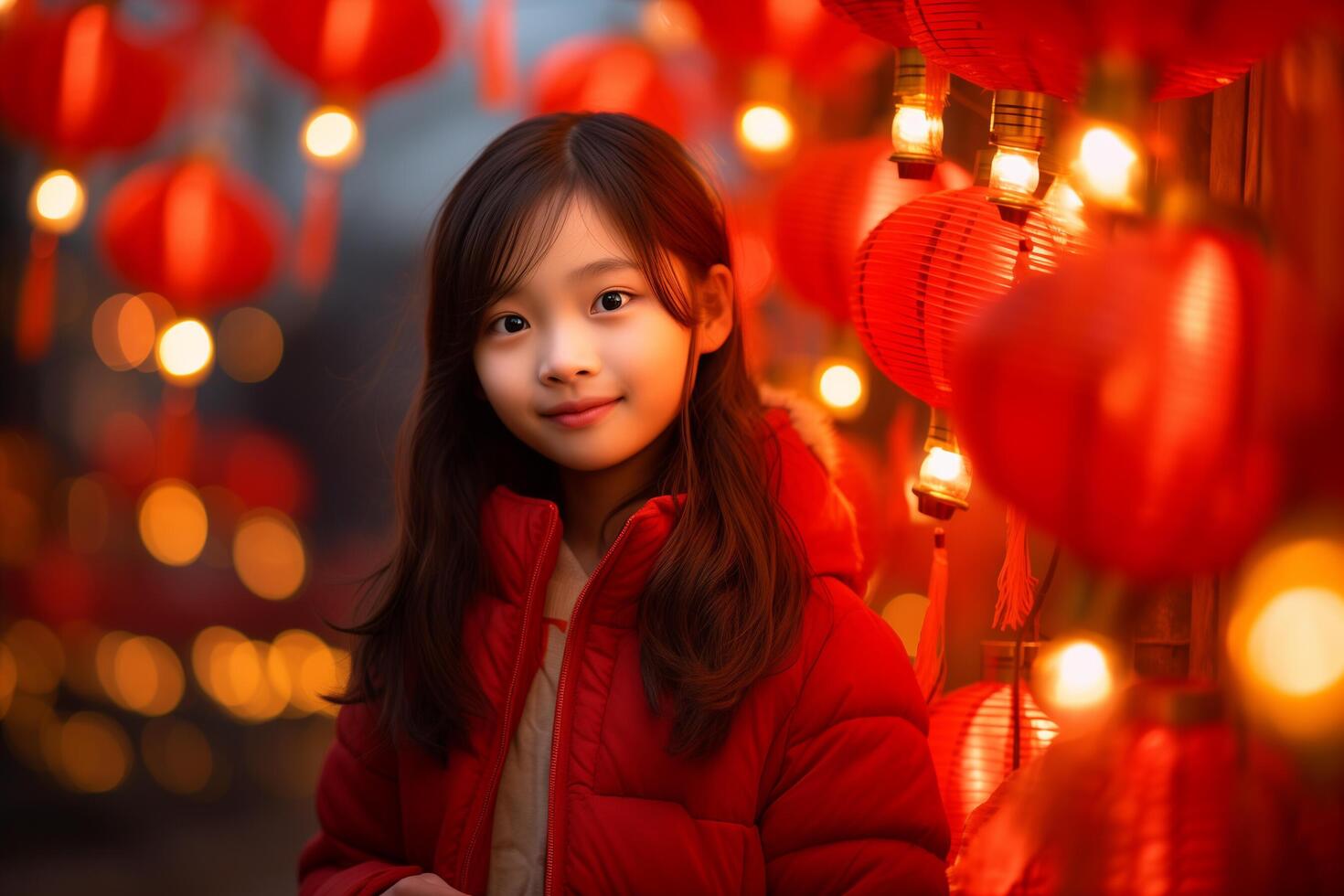 AI generated chinese young girl kid celebrate at chinese lantern festival with generative ai photo