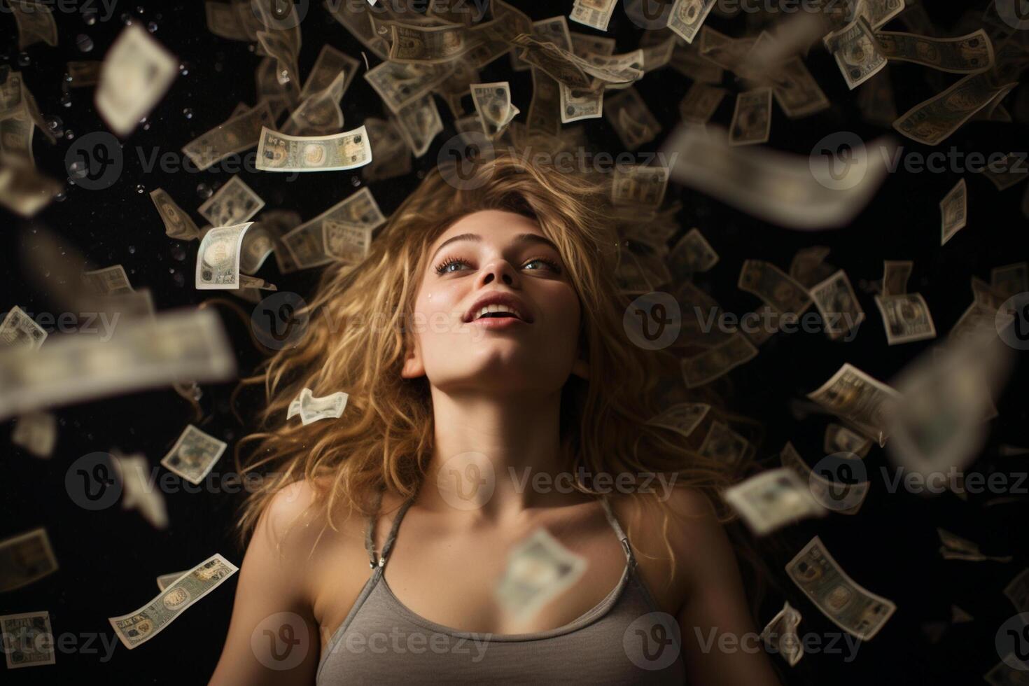 AI generated a happy woman with money flying in the air with generative ai photo