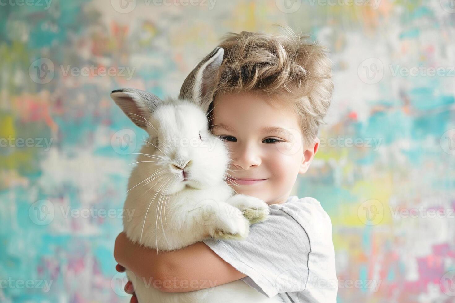 AI generated young boy kid cuddling a cute bunny with generative ai photo