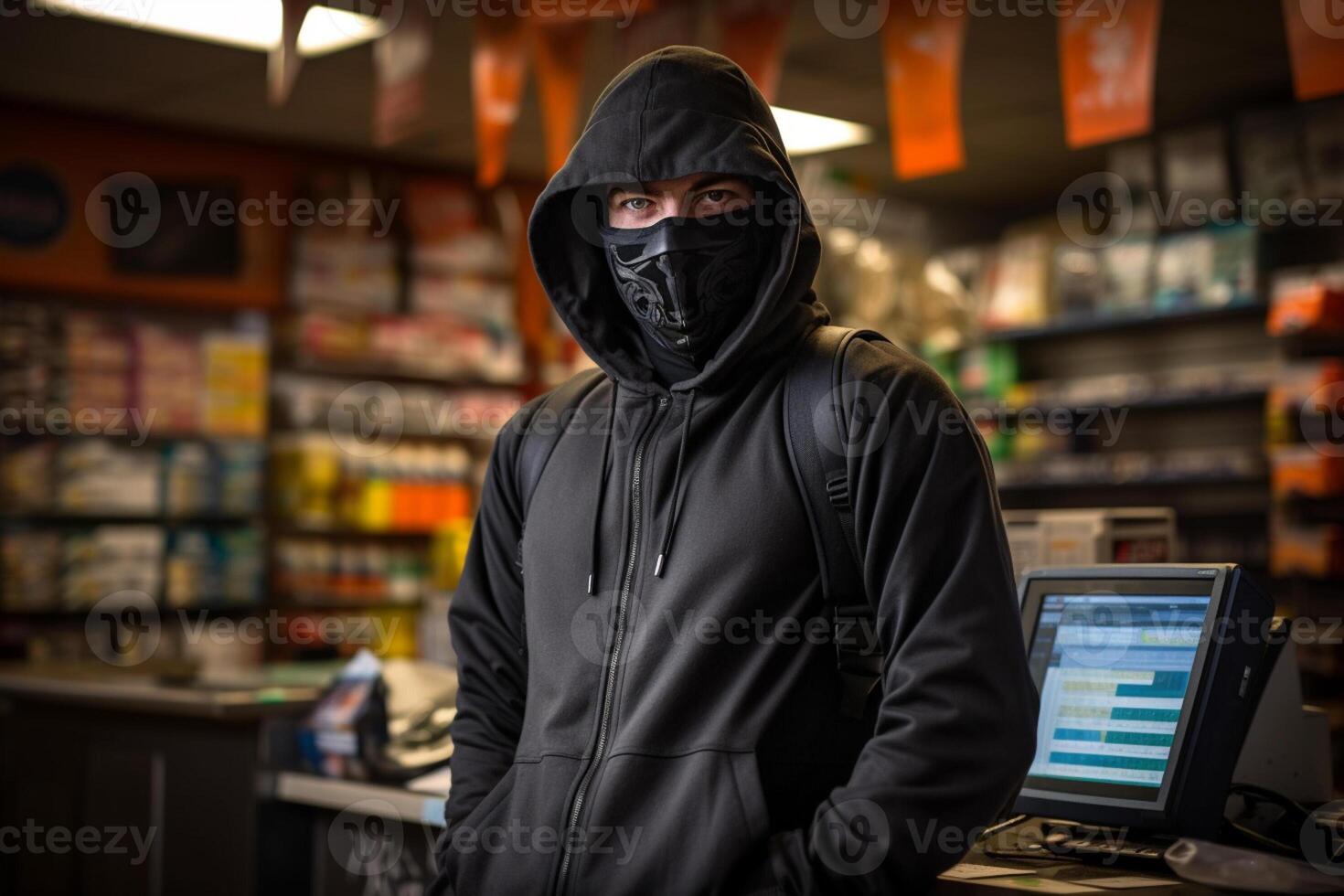 AI generated Thief robbing supermarket bokeh style background with generative ai photo