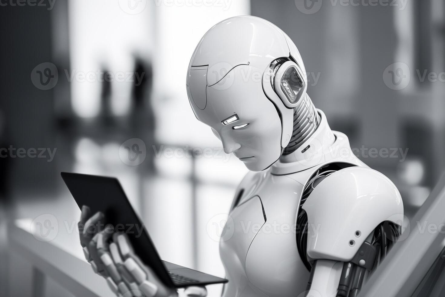 AI generated robot working with laptop bokeh style background with generative ai photo