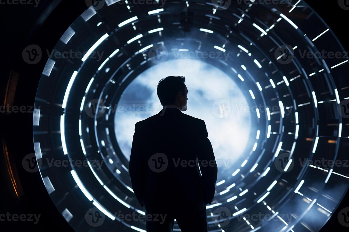 AI generated a businessman standing in front of an illuminated tunnel with generative ai photo