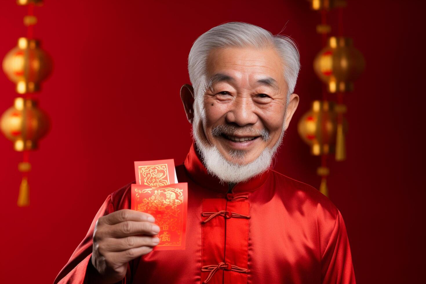 AI generated chinese grandpa wearing traditional suit and holding aungpao with generative ai photo