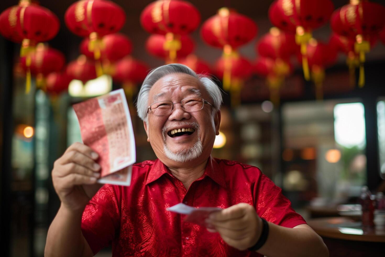 AI generated chinese grandpa wearing traditional suit and holding aungpao bokeh style background with generative ai photo