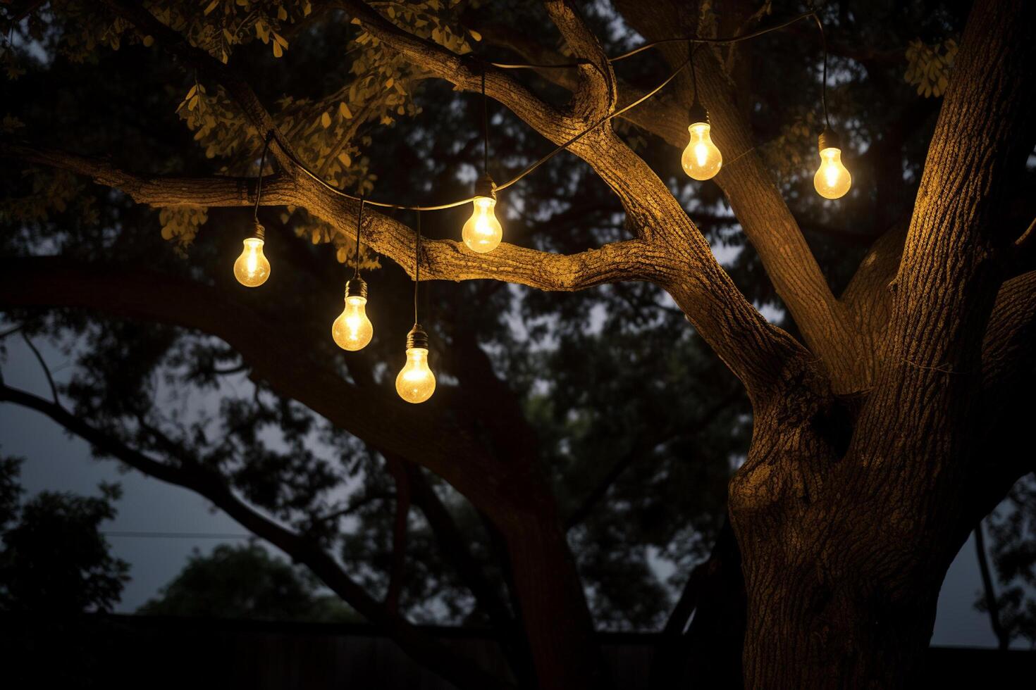AI generated a string of lights hanging on the tree bokeh style background with generative ai photo