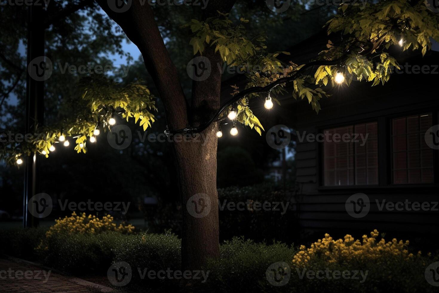 AI generated a string of lights hanging on the tree bokeh style background with generative ai photo