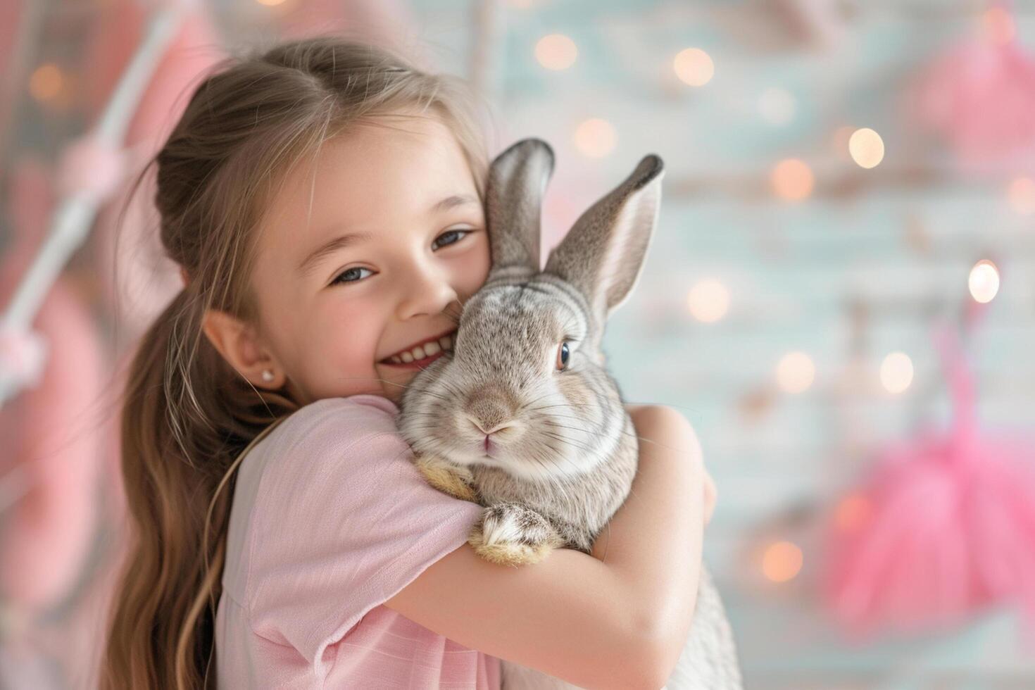 AI generated young girl kid cuddling a cute bunny bokeh style background with generative ai photo