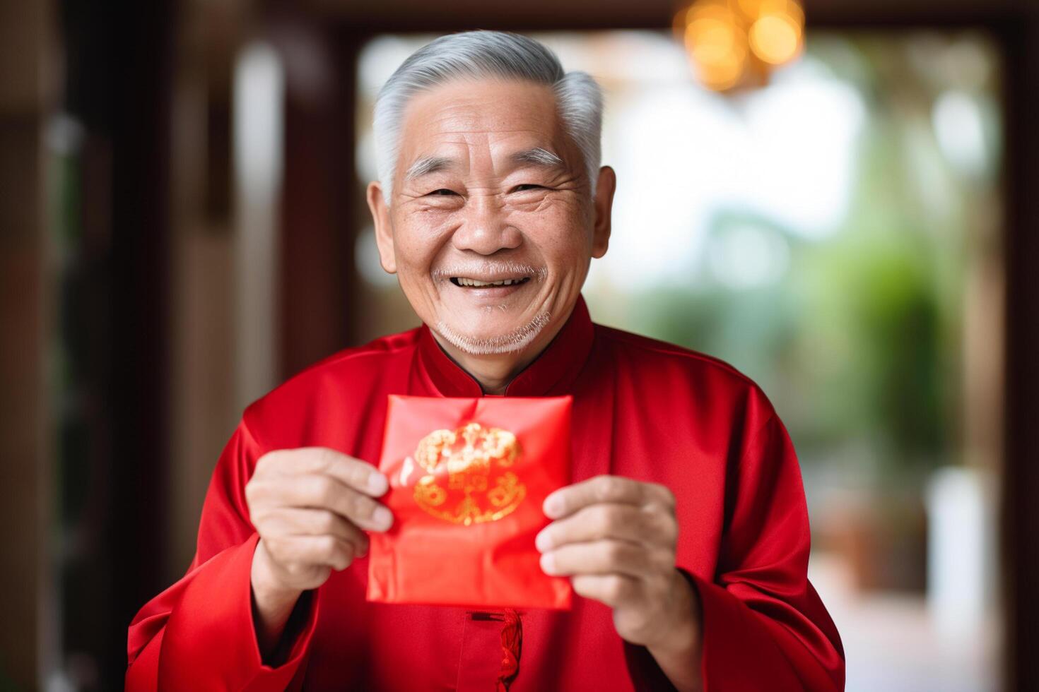 AI generated chinese grandpa wearing traditional suit and holding aungpao bokeh style background with generative ai photo