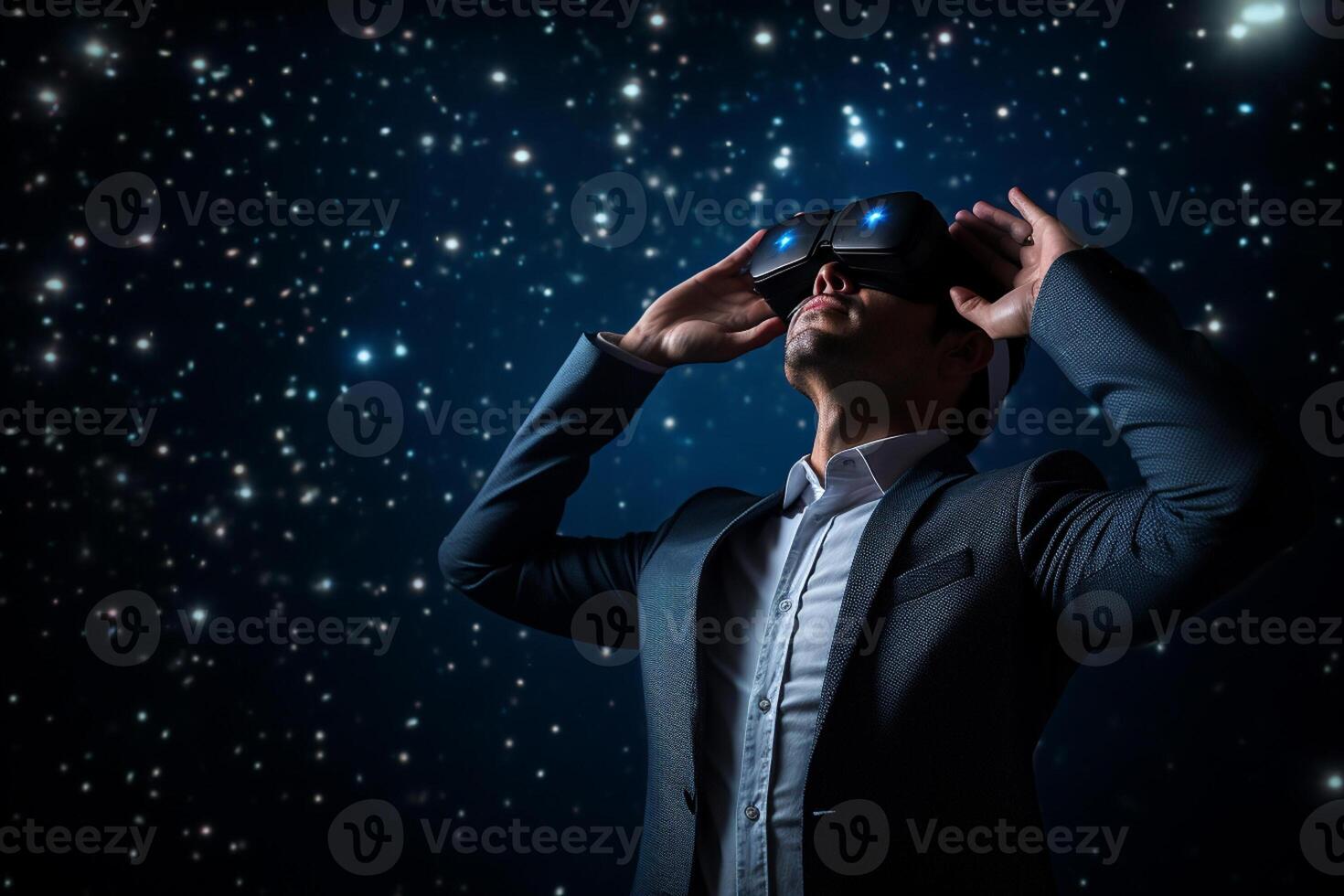 AI generated businessman wearing vr glasses looking at the night sky star with generative ai photo