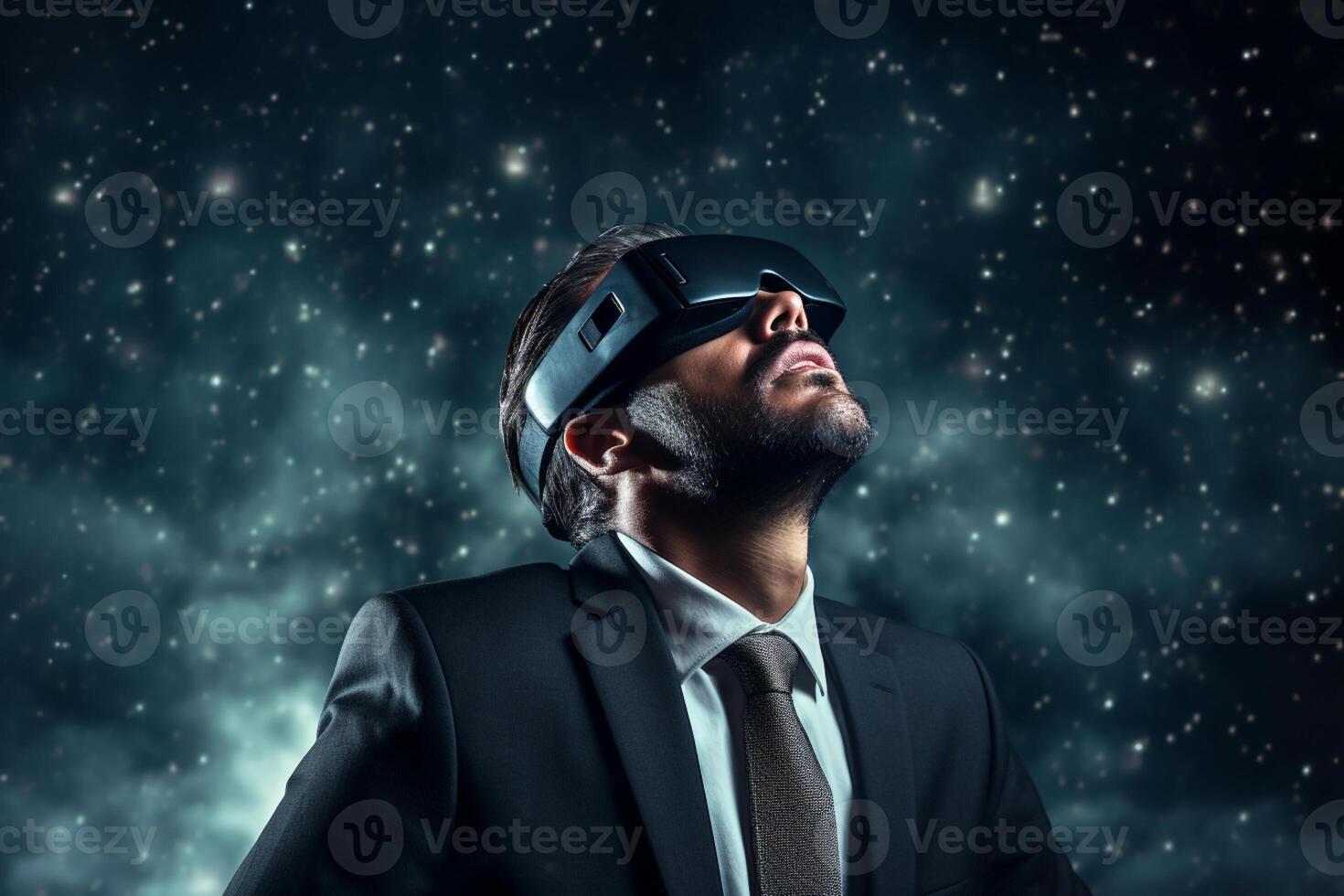 AI generated businessman wearing vr glasses looking at the night sky star with generative ai photo