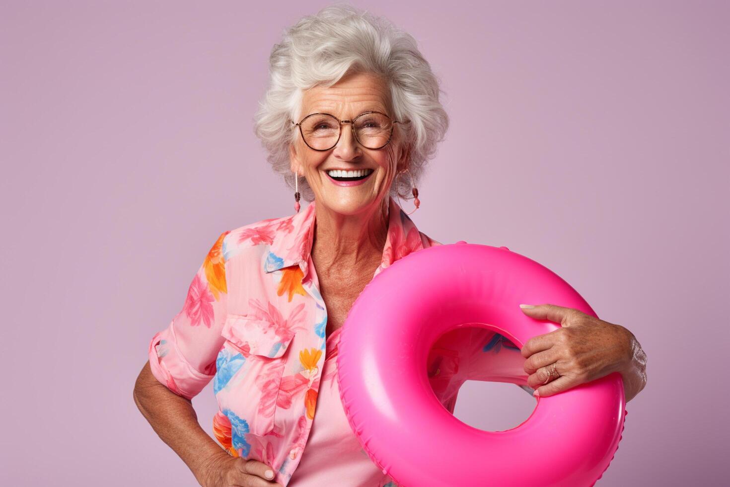 AI generated a happy old woman holding pink rubber ring with generative ai photo