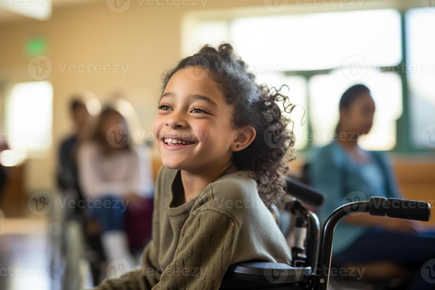 AI generated young disabled girl sitting on wheelchair at school smiling bokeh style background with generative ai photo