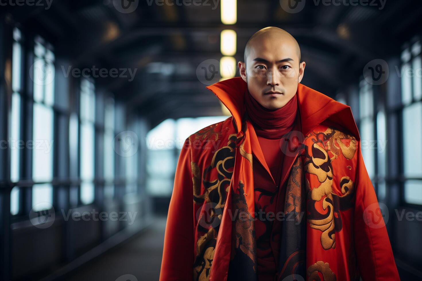 AI generated chinese groom in traditional wedding dress bokeh style background with generative ai photo