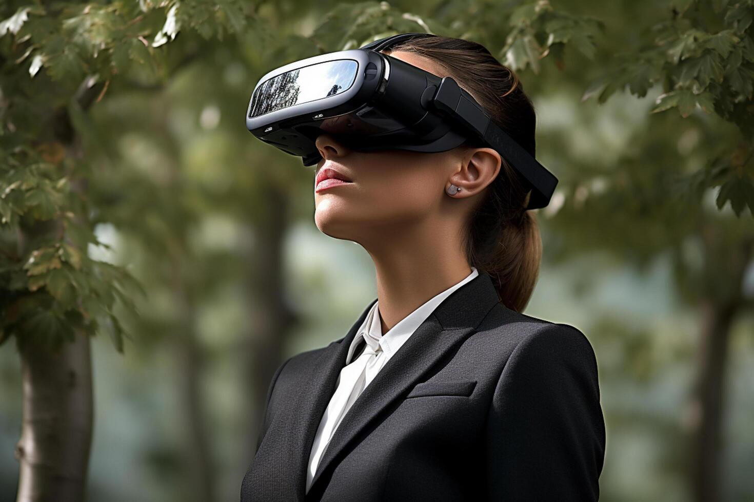 AI generated businesswoman wearing vr glasses looking at nature view bokeh style background with generative ai photo