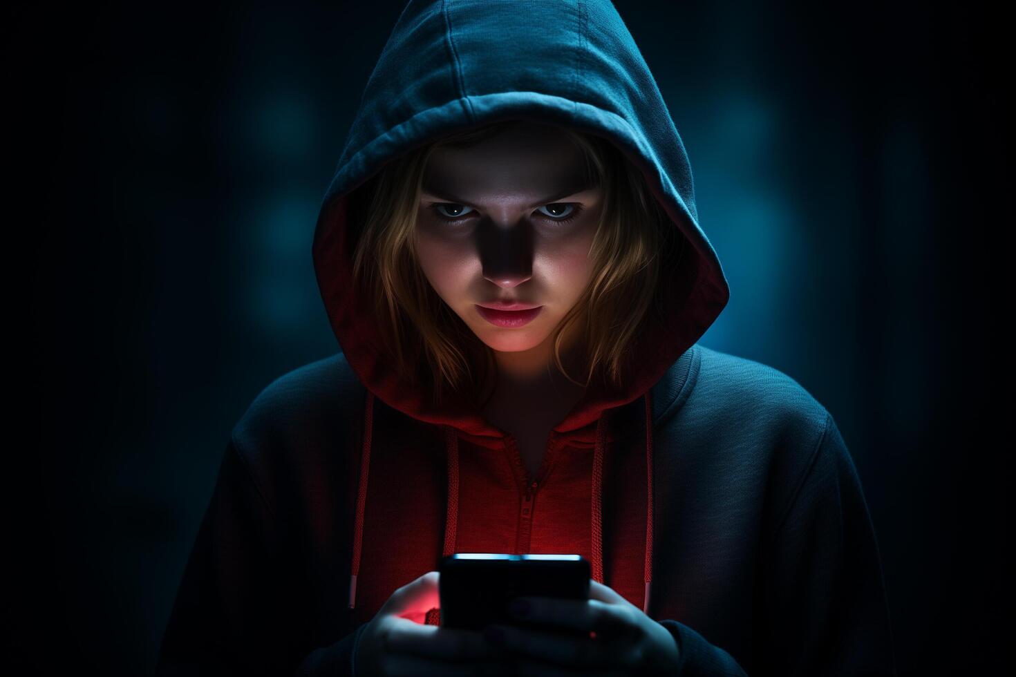 AI generated female hacker hacking from phone with generative ai photo