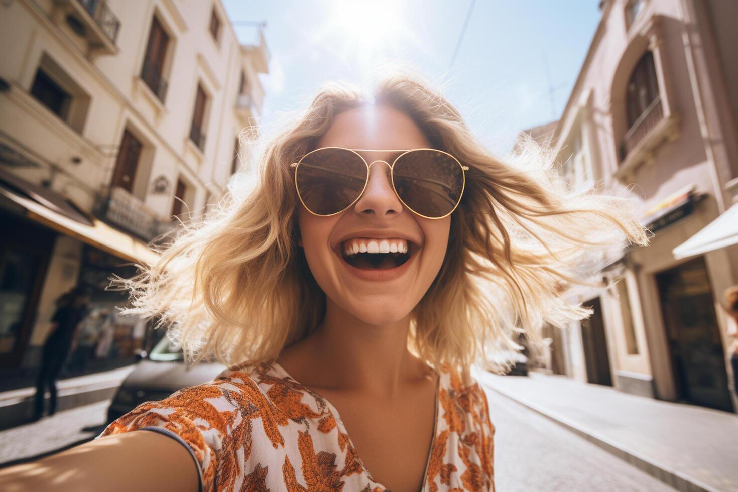 AI generated woman taking selfie in the big city with generative ai photo