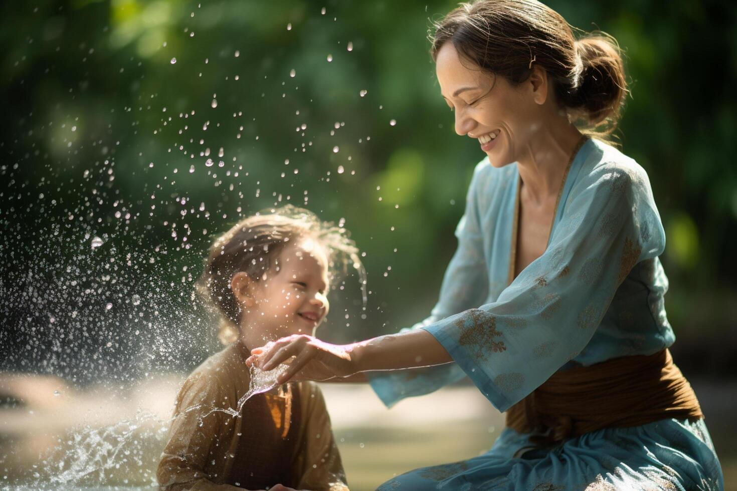 ai generado mamá jugando agua con hija a Songkran día con generativo ai foto