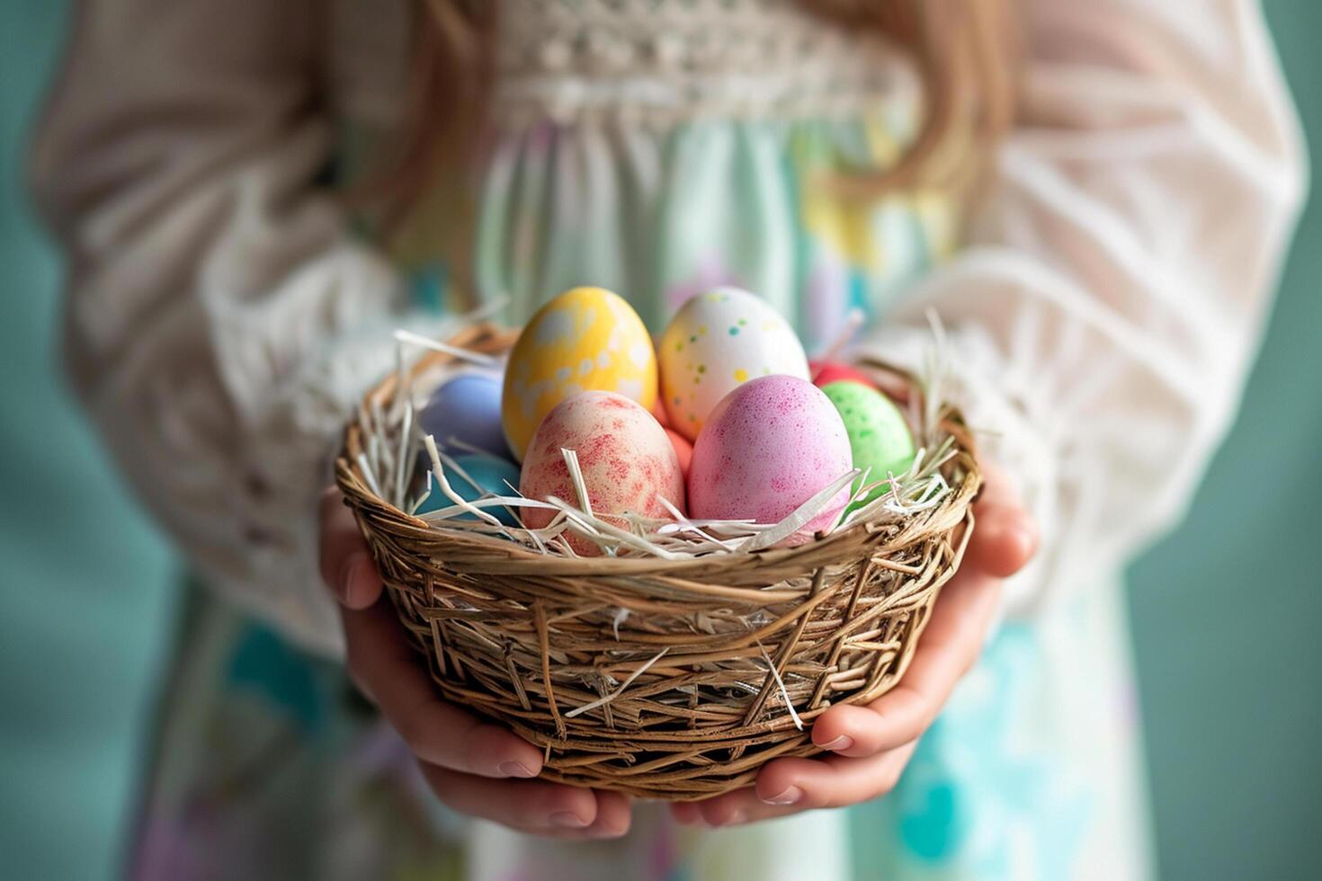 ai generado joven niña mano participación vistoso pastel Pascua de Resurrección huevos cesta con generativo ai foto