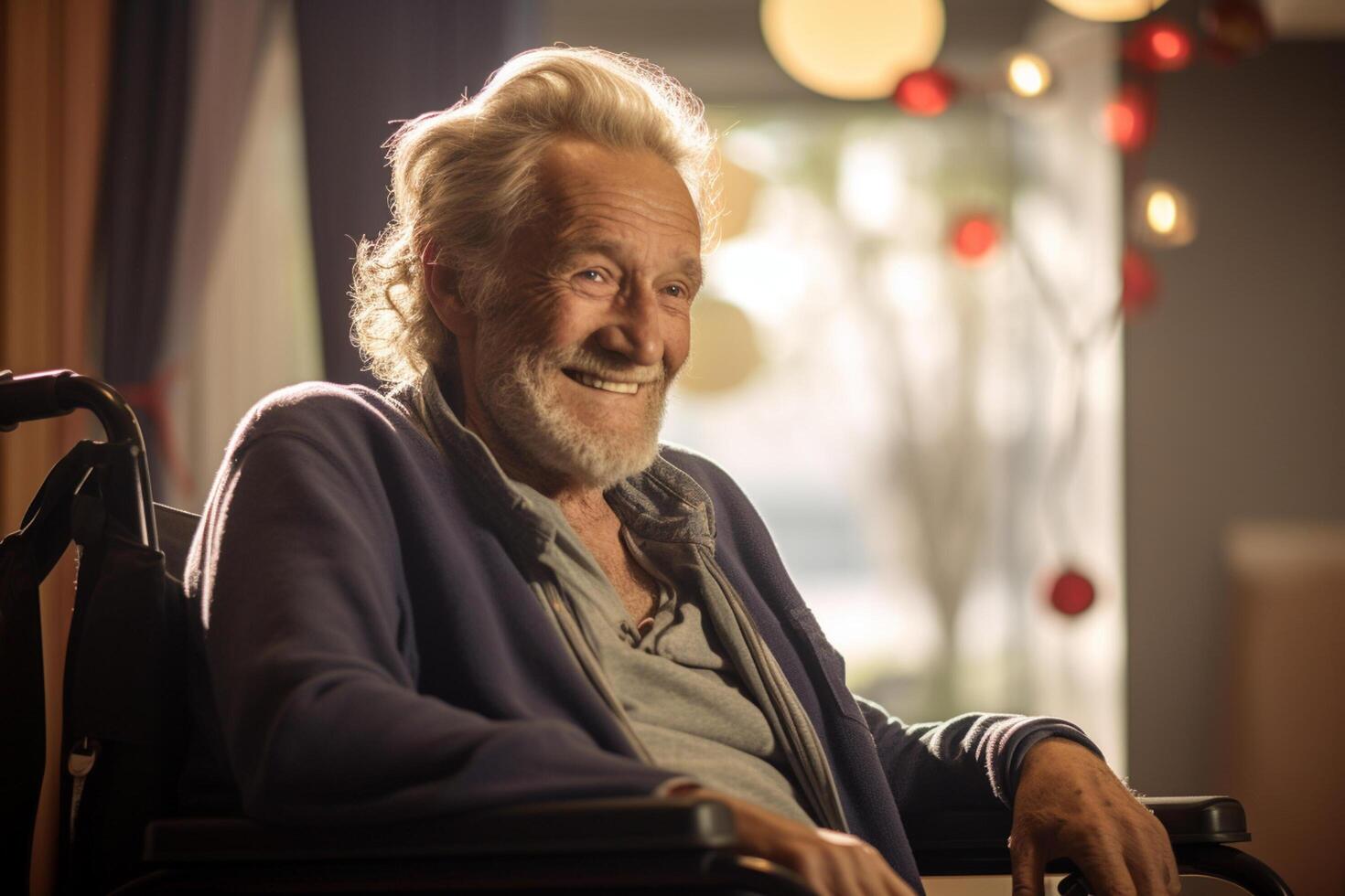AI generated old disabled man sitting on wheelchair in the nursing home bokeh style background with generative ai photo