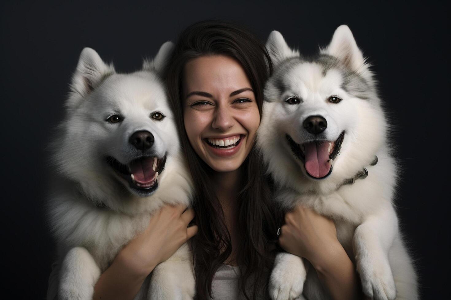 ai generado joven mujer riendo con dos perros esquimales perros con generativo ai foto