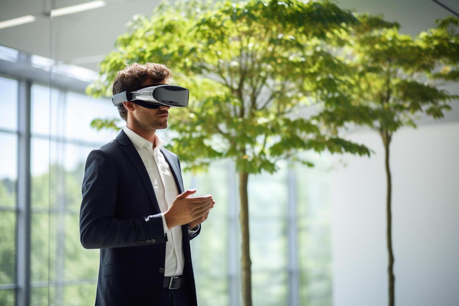AI generated businessman wearing vr glasses looking at nature view bokeh style background with generative ai photo