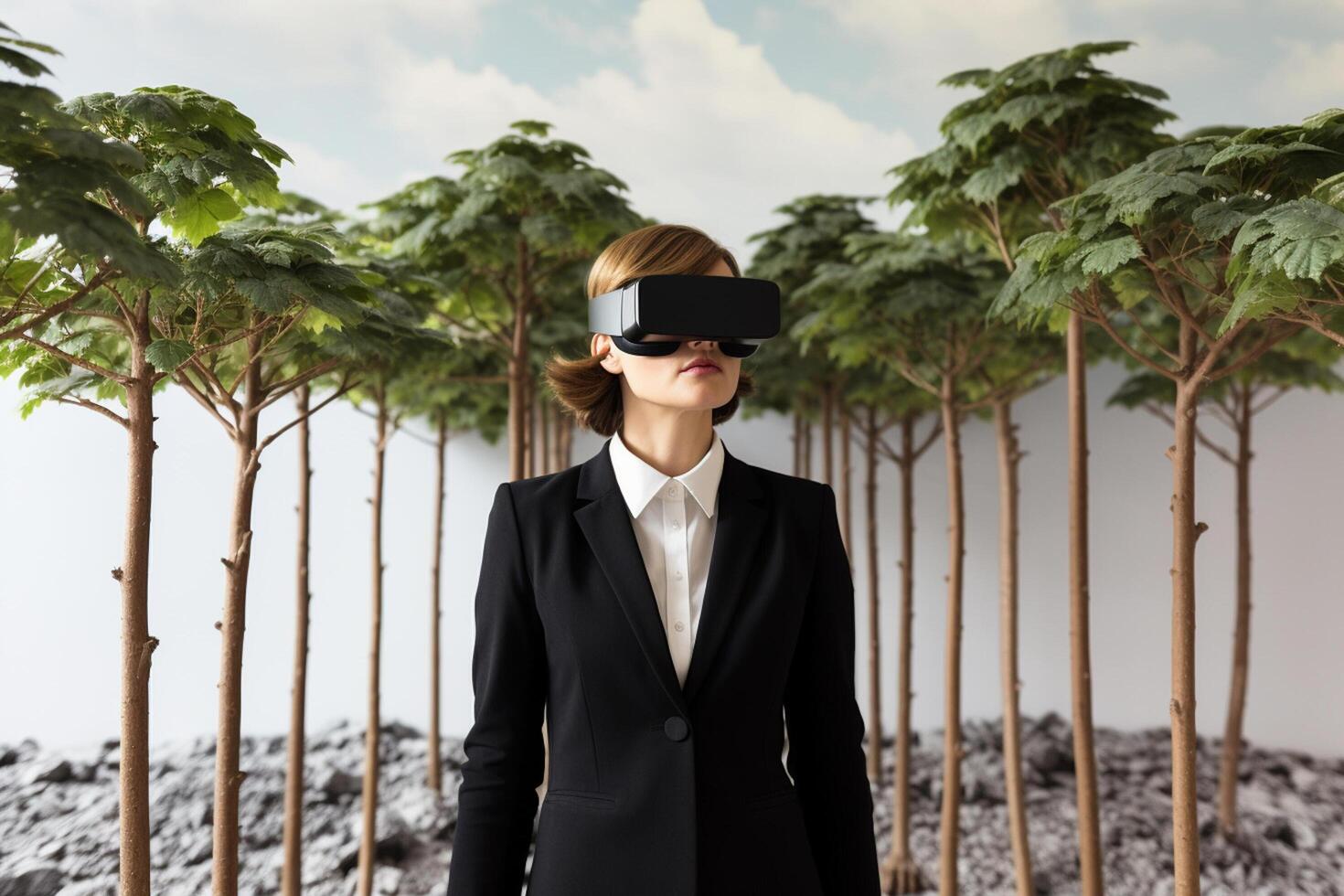AI generated businesswoman wearing vr glasses looking at nature view with generative ai photo