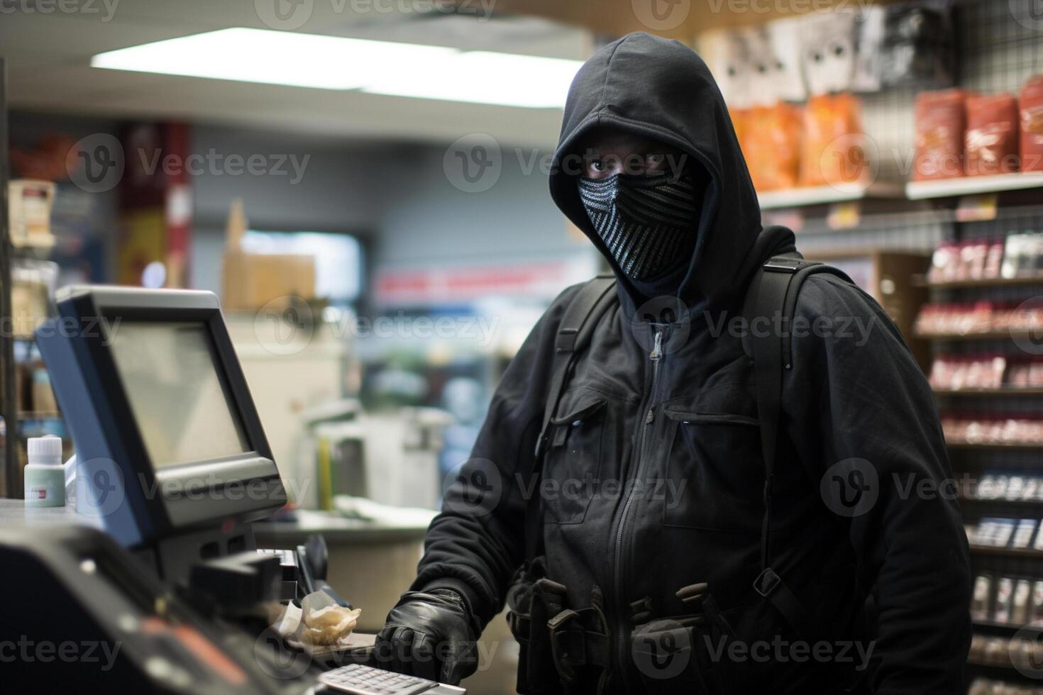 AI generated Thief robbing supermarket bokeh style background with generative ai photo