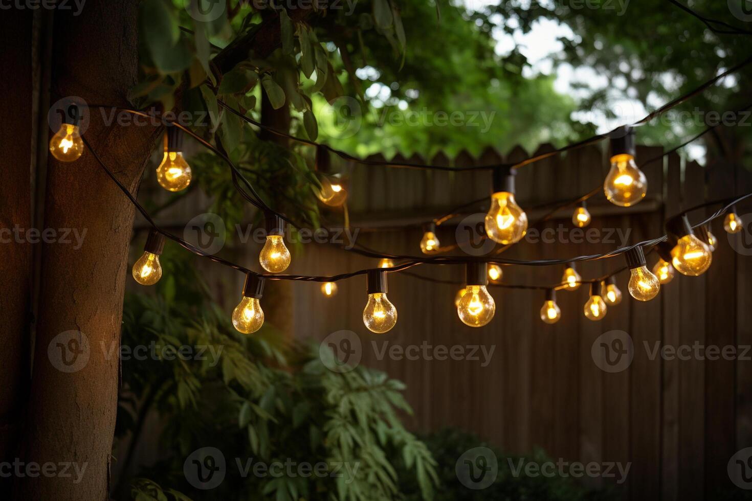 AI generated a string of lights hanging on the tree bokeh style background with generative ai photo
