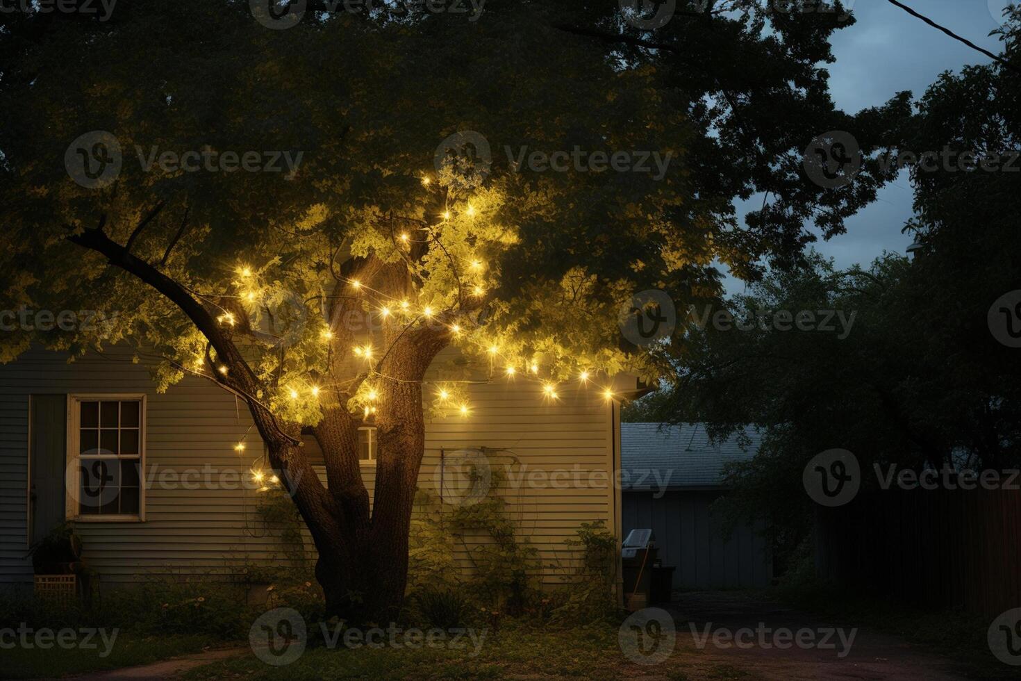 AI generated a string of lights hanging on the tree bokeh style background with generative ai photo