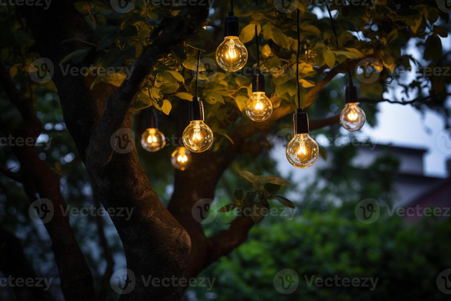 AI generated a string of lights hanging on the tree bokeh style background with generative ai photo