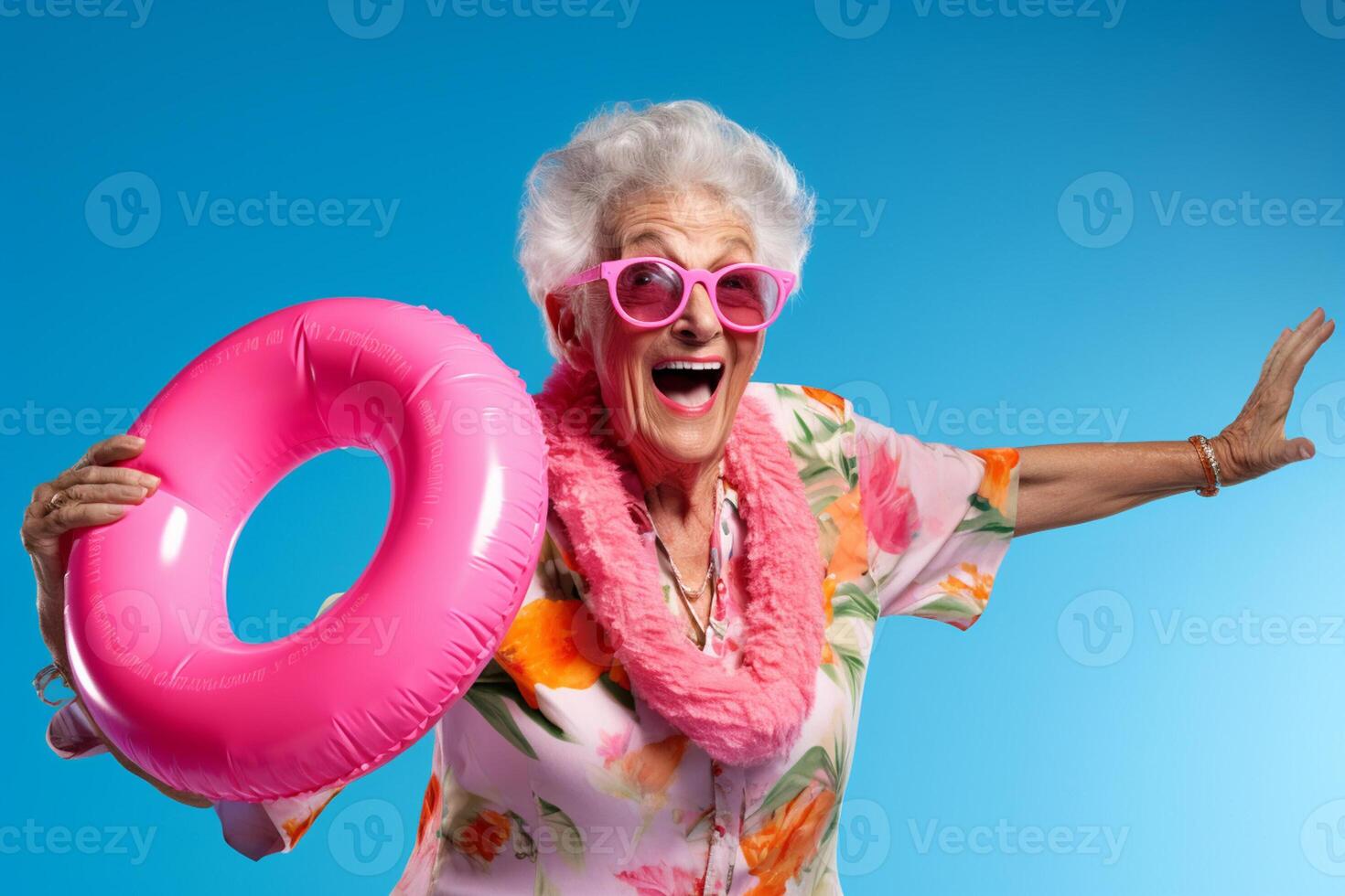 AI generated a happy old woman holding pink rubber ring with generative ai photo