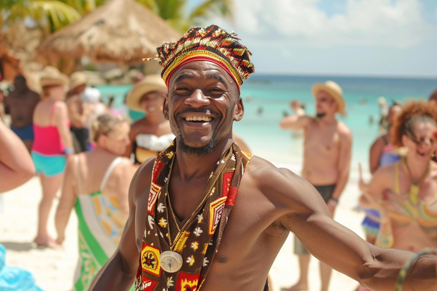 AI generated african man in the traditional clothes dancing on the beach bokeh style background with generative ai photo