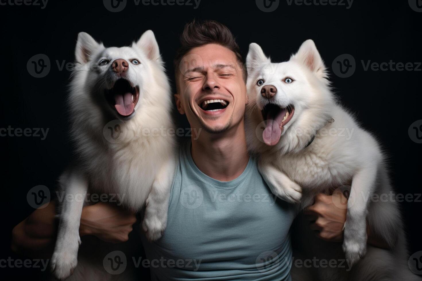 AI generated young man laughing with two huskies dogs with generative ai photo