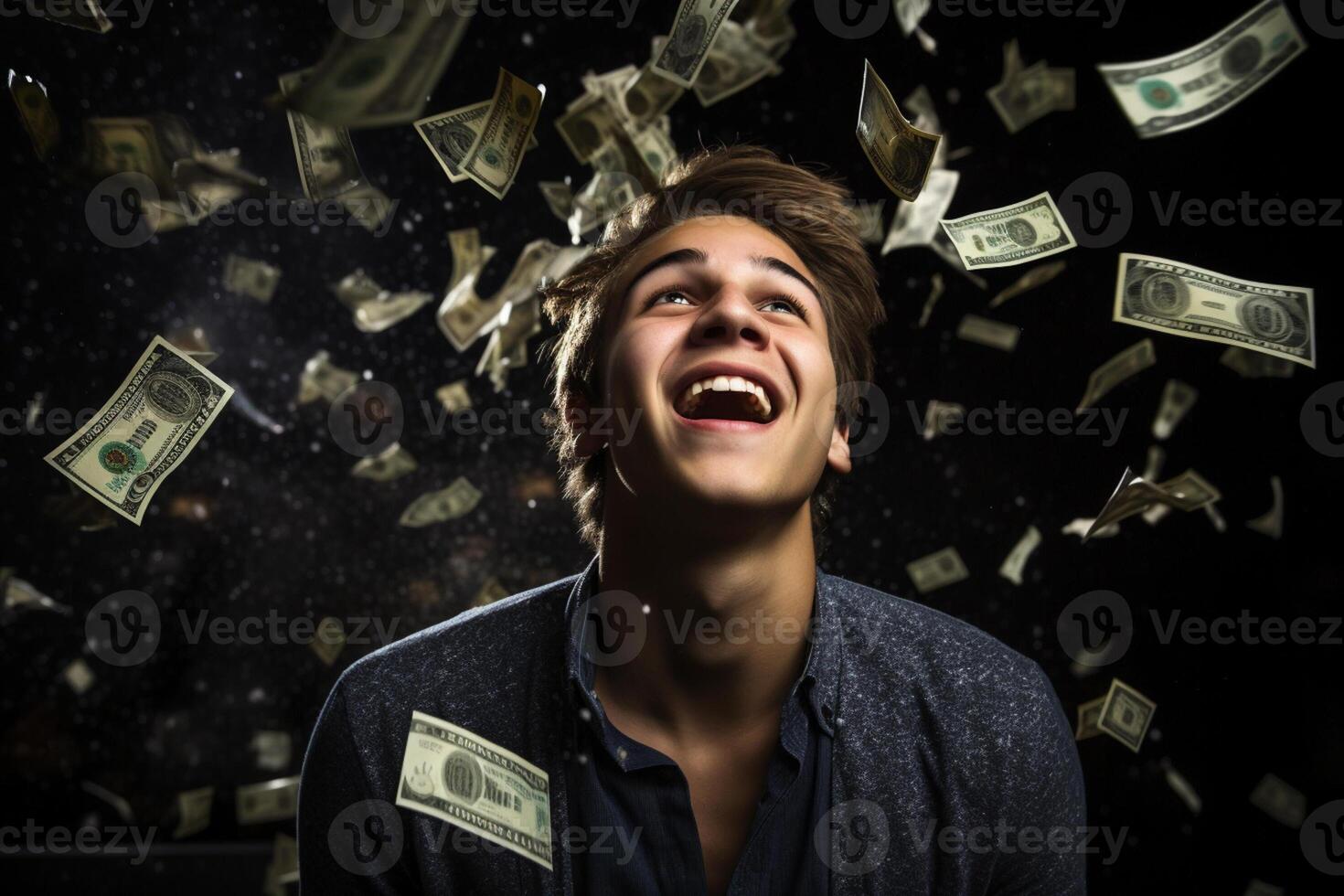 AI generated a happy man with money flying in the air with generative ai photo