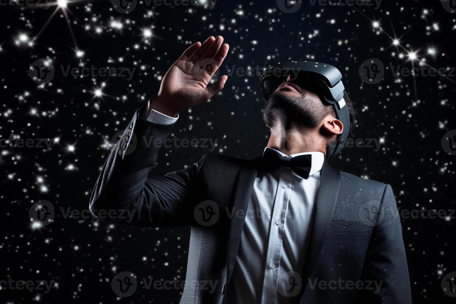 AI generated businessman wearing vr glasses looking at the night sky star with generative ai photo