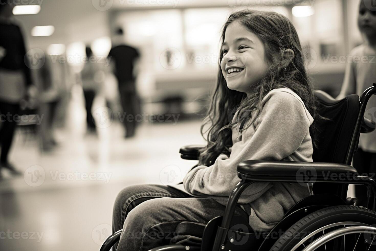AI generated young disabled girl sitting on wheelchair at school smiling bokeh style background with generative ai photo