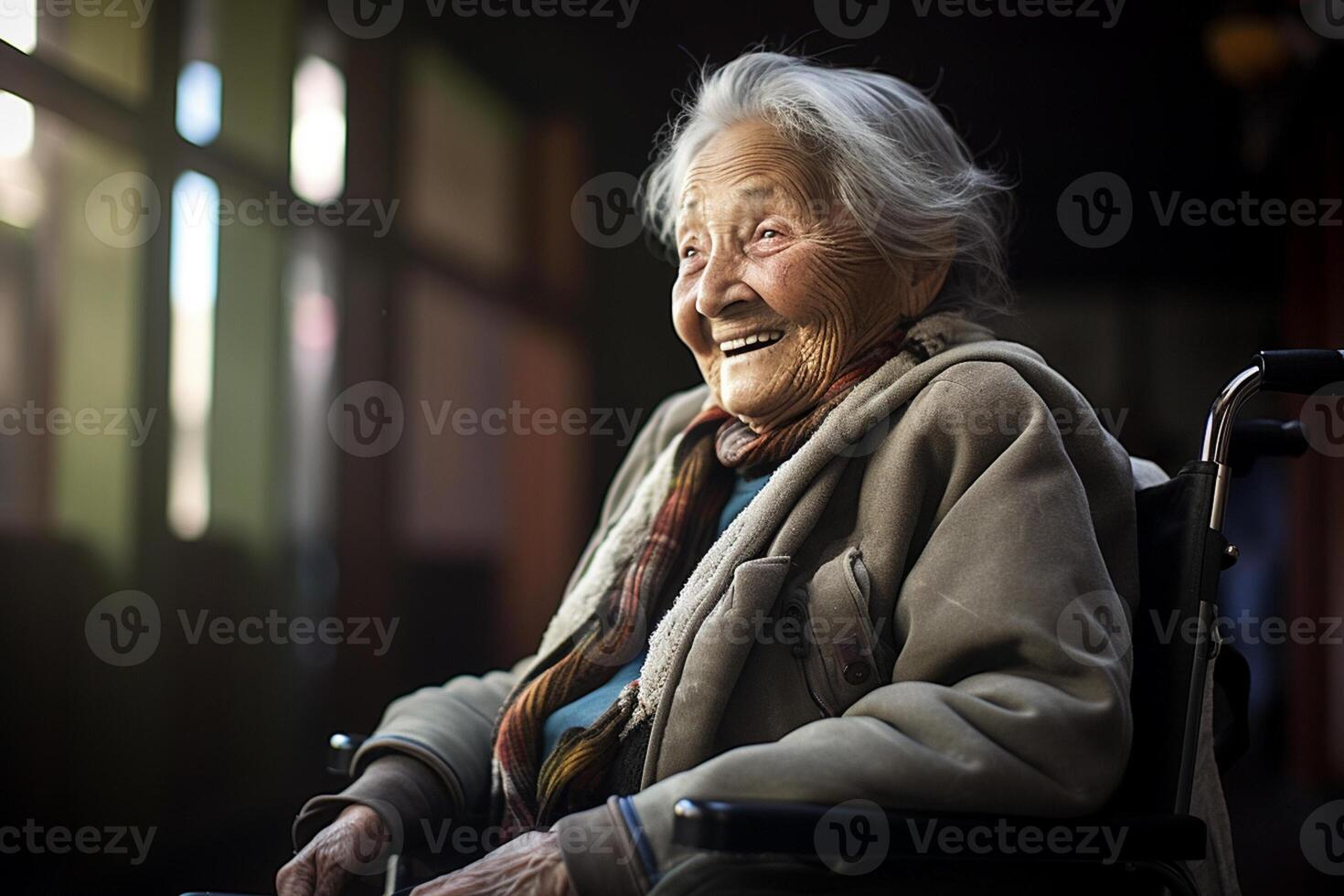 AI generated old disabled woman sitting on wheelchair in the nursing home bokeh style background with generative ai photo