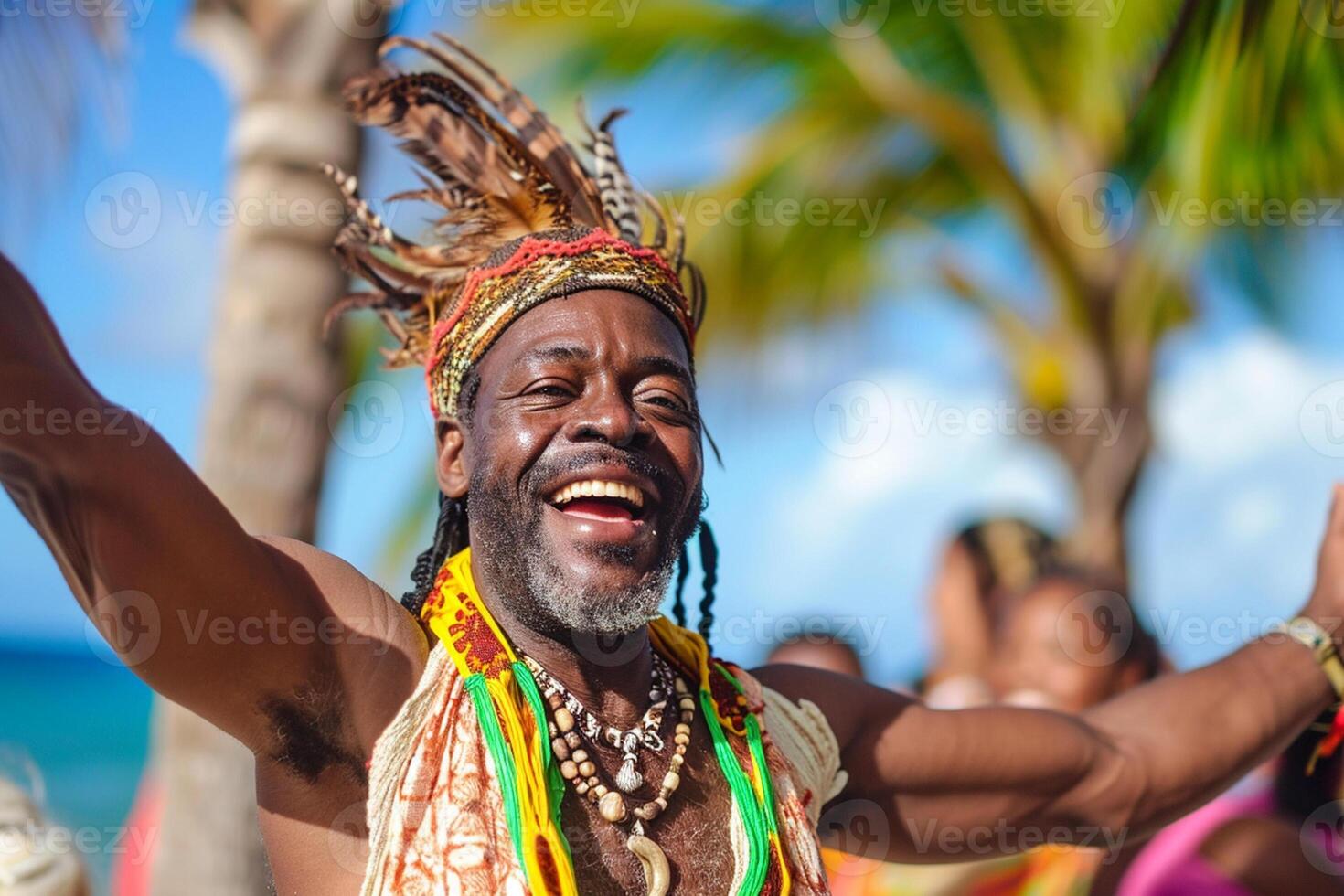 AI generated african man in the traditional clothes dancing on the beach bokeh style background with generative ai photo