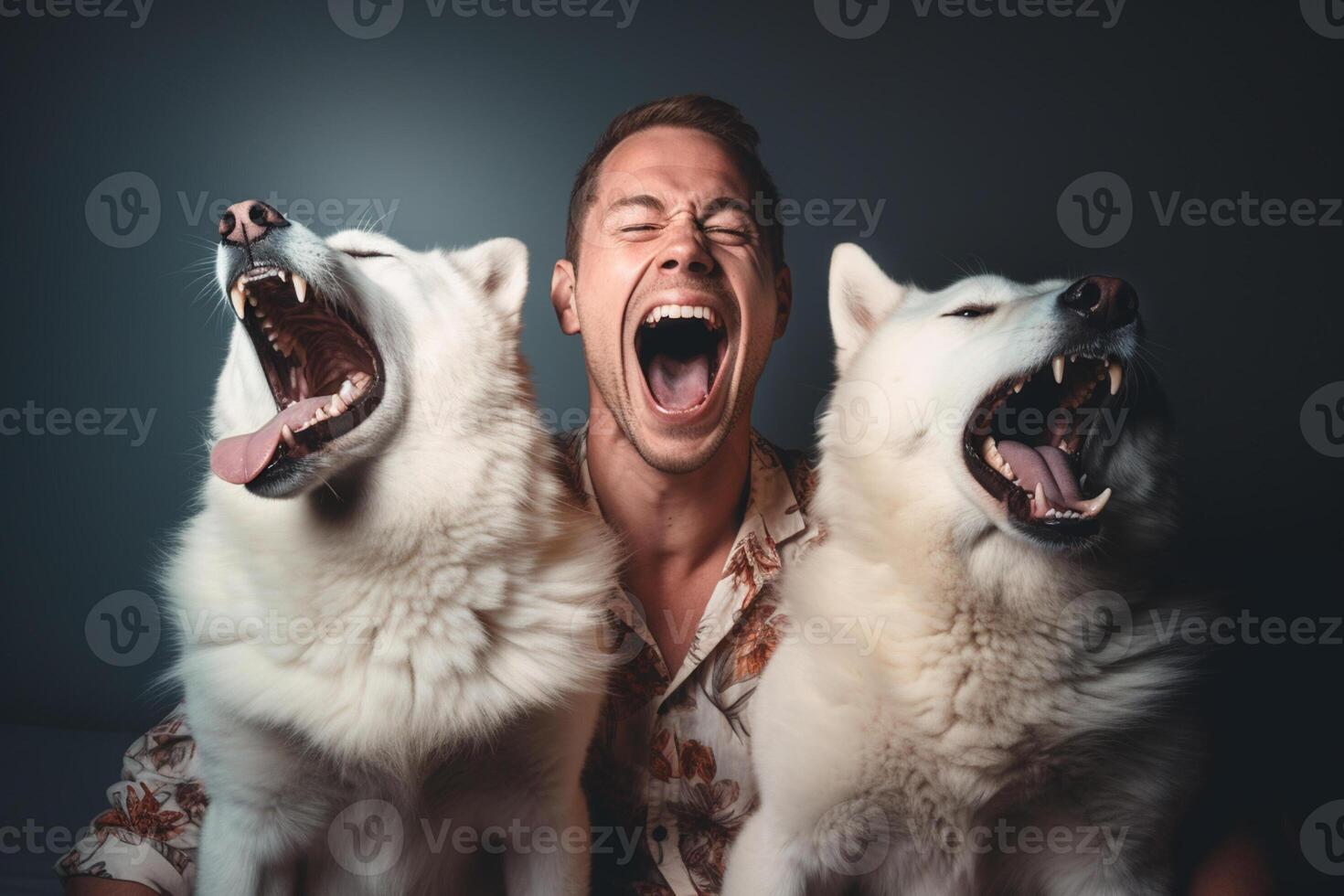 AI generated young man laughing with two huskies dogs with generative ai photo