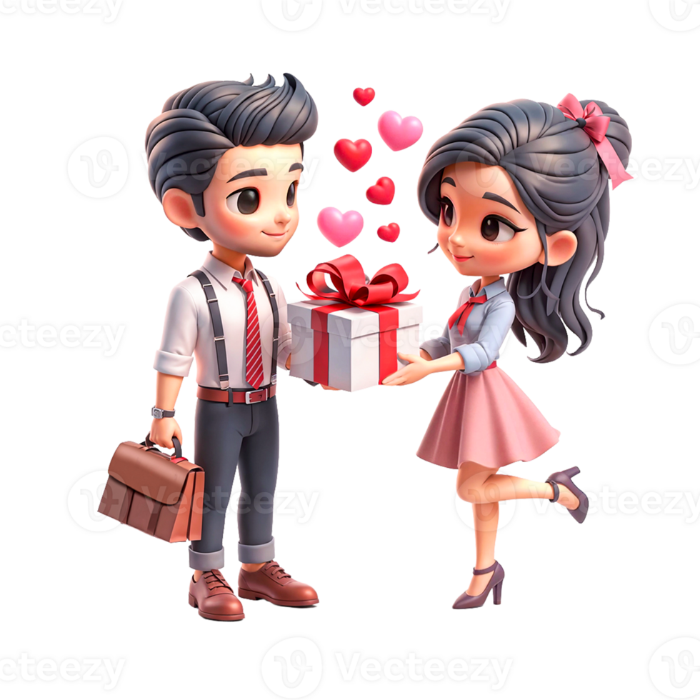 AI generated Cartoon-style man giving present to  woman on PNG background.