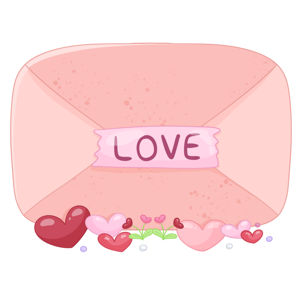 Cartoon pink envelope with heart and flower of valentines day element png