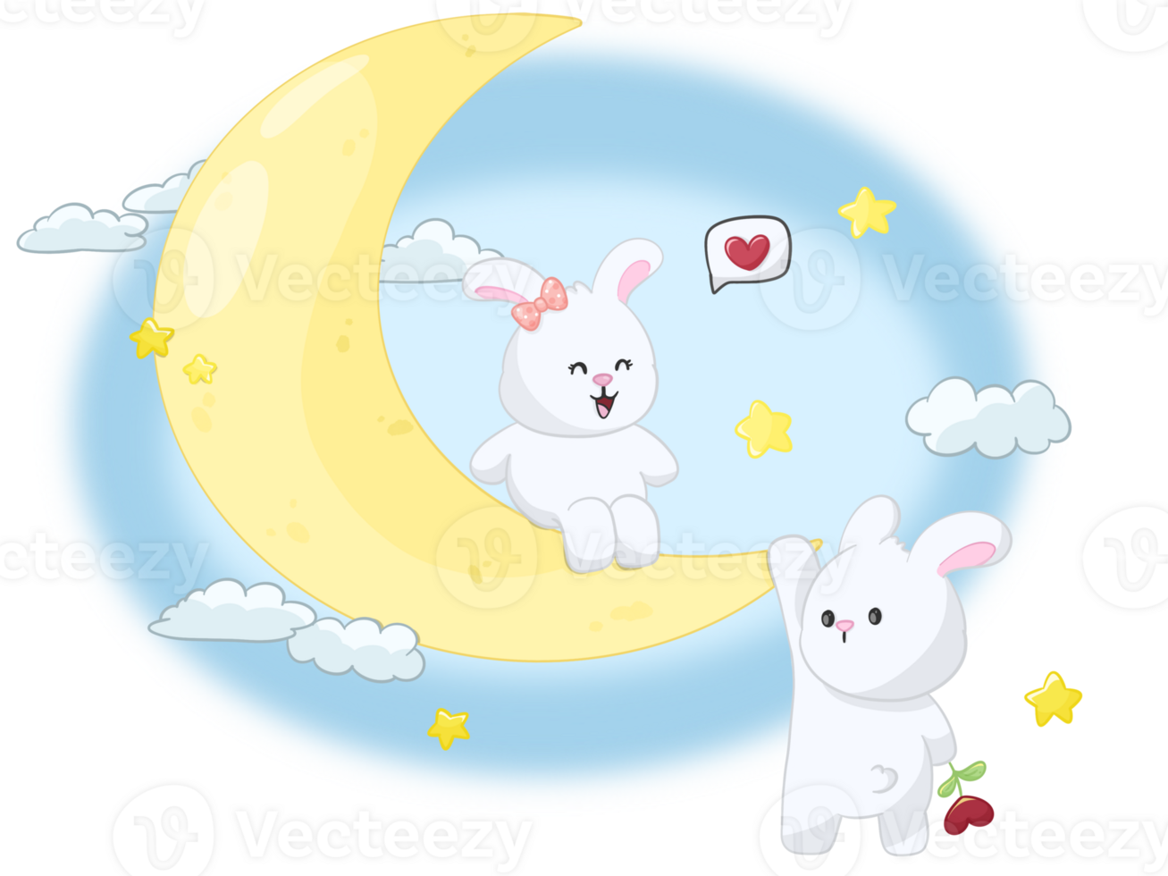 Cartoon rabbit girl sitting on the moon and rabbit boy clinging to the moon of valentine day concept png