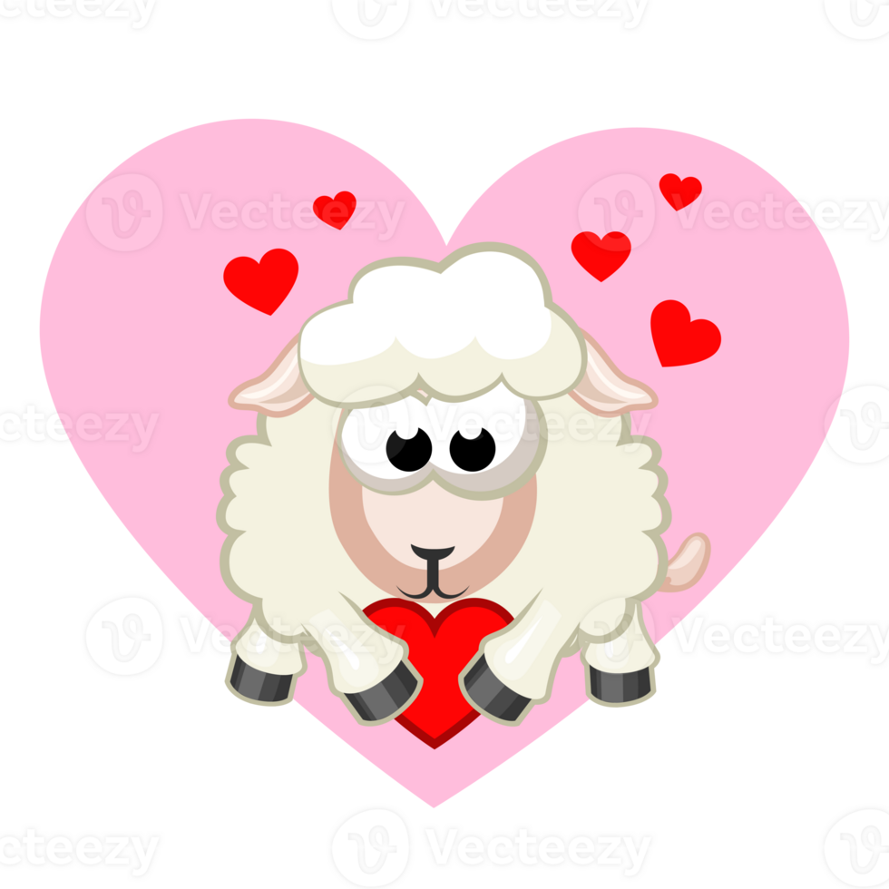 Cartoon Sheep Holding Heart. Greeting card for Valentine Day. png