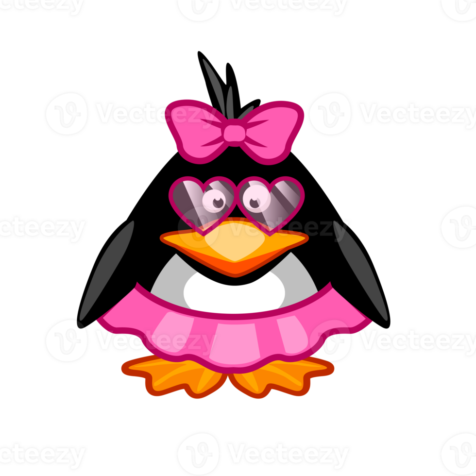 Cute cartoon penguin girl wearing pink hair bow, glasses and skirt. png