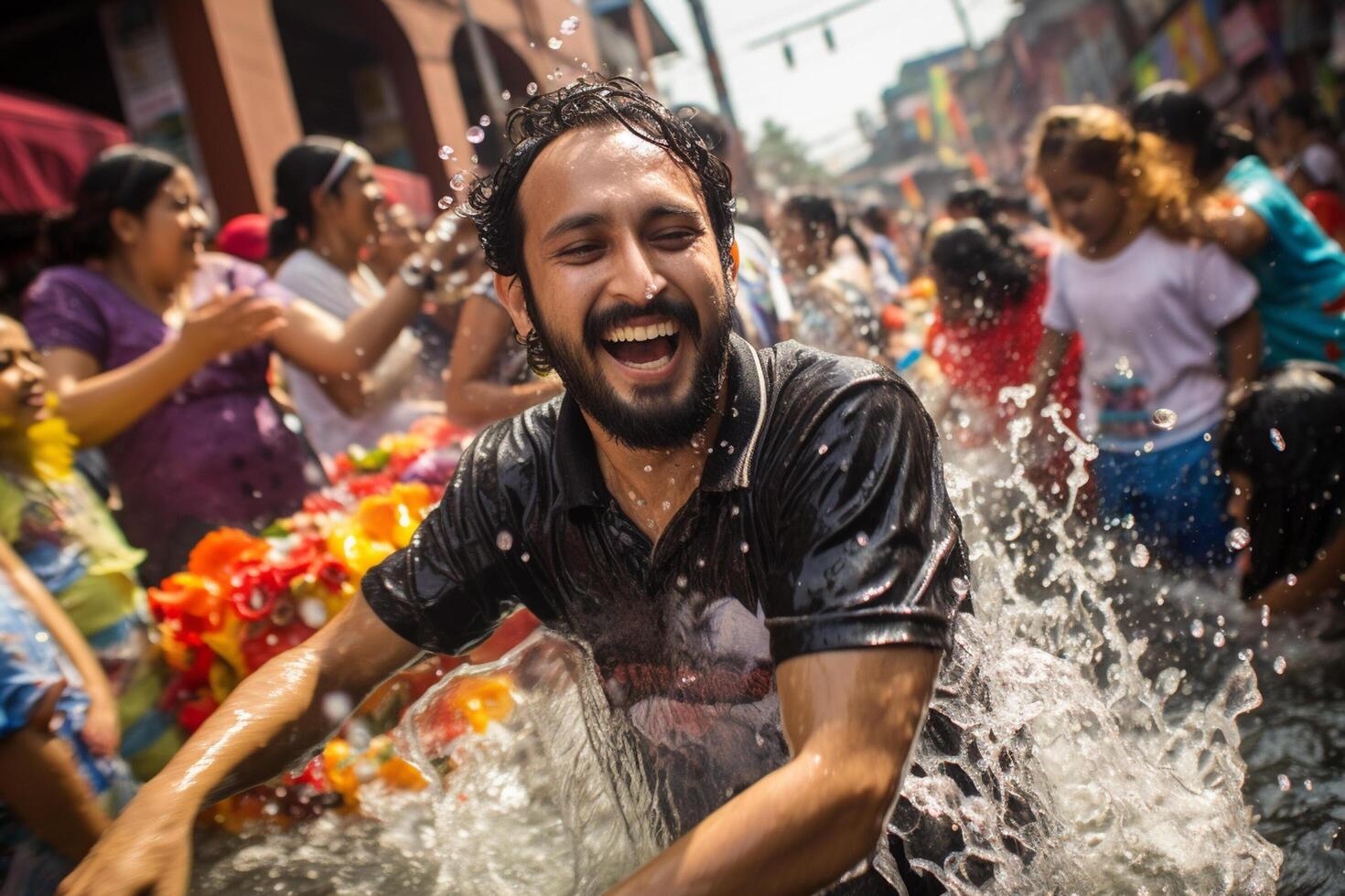 ai generado tailandés hombre jugando agua en Songkran festival bokeh estilo antecedentes con generativo ai foto