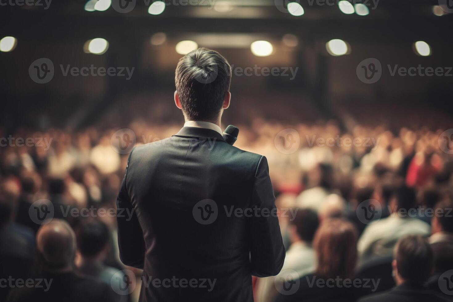 AI generated a man speaking in front of crowd people bokeh style background with Generative AI photo